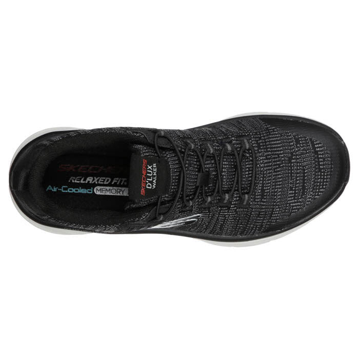 Top view of a black Skechers SKECHERS D&#39;LUX WALKER BLACK/WHITE - MENS labeled with &quot;Relaxed Fit,&quot; &quot;Air-Cooled Memory Foam,&quot; and &quot;Skech Knit.&quot; The sneaker features stretch laces and a textured knit pattern, perfect for comfort on the go.