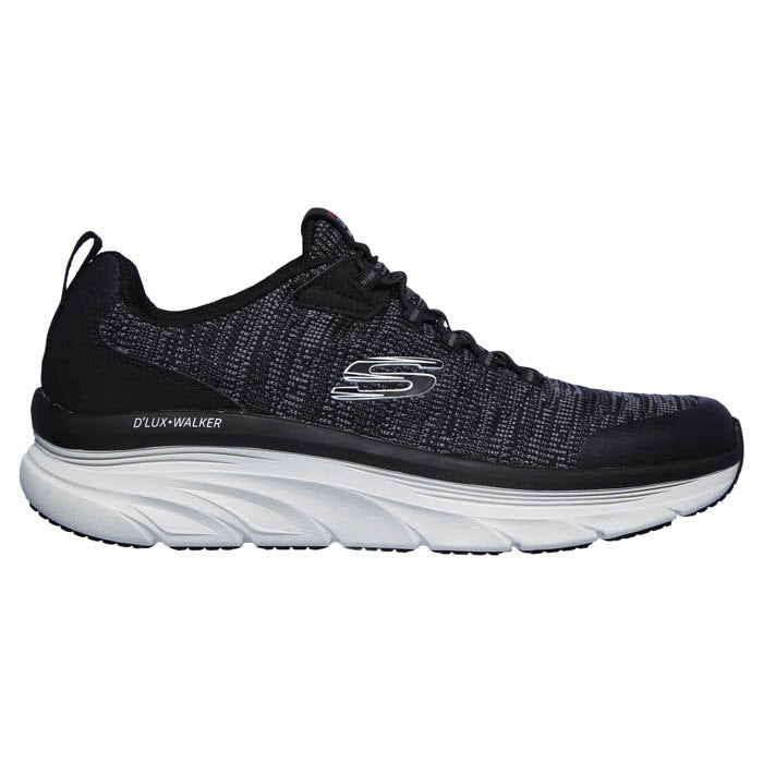 A black and white walking shoe with the word &quot;SKECHERS D&#39;LUX WALKER BLACK/WHITE - MENS&quot; on the side and an &quot;S&quot; logo. The shoe features a mesh upper, stretch lace, Air Cooled Memory Foam for ultimate comfort, and a thick, cushioned sole by Skechers.