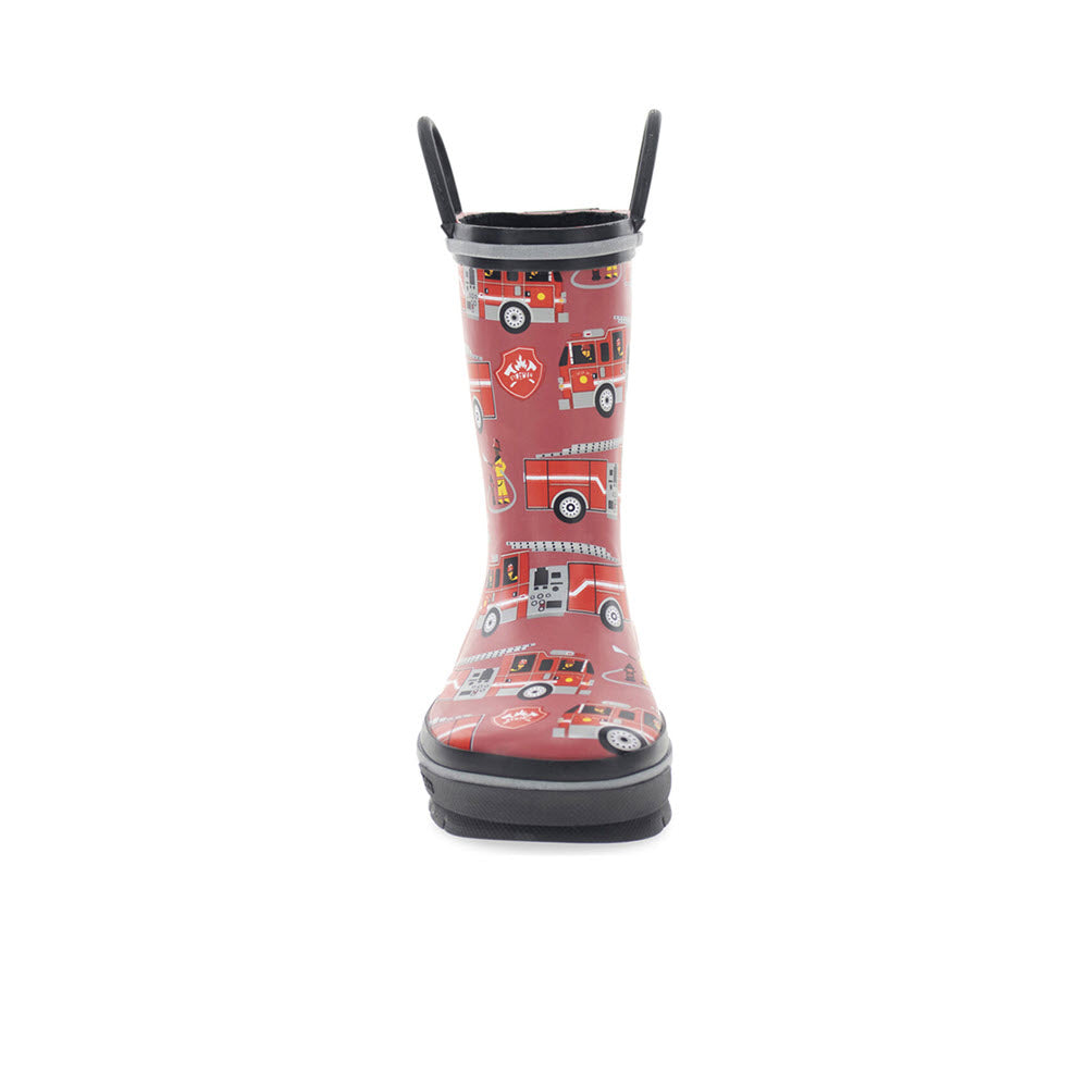 A front view of the Western Chief Fire Truck Rescue Red - Kids rain boot, a children&#39;s red rain boot featuring black handles and adorned with fire truck, fire station, and fire hydrant illustrations. Perfect for rainy and muddy days, these Western Chief boots will keep your little one&#39;s feet warm and dry.