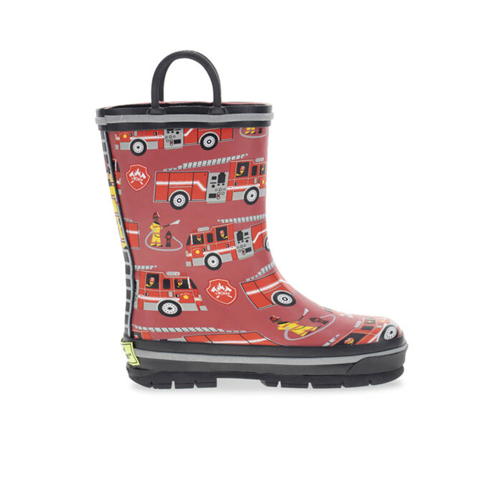 Introducing the WESTERN CHIEF FIRE TRUCK RESCUE RED - KIDS by Western Chief: a single red children&#39;s rubber boot with a black sole and trim, perfect for rainy and muddy days, showcasing a playful pattern of fire trucks and firefighters.