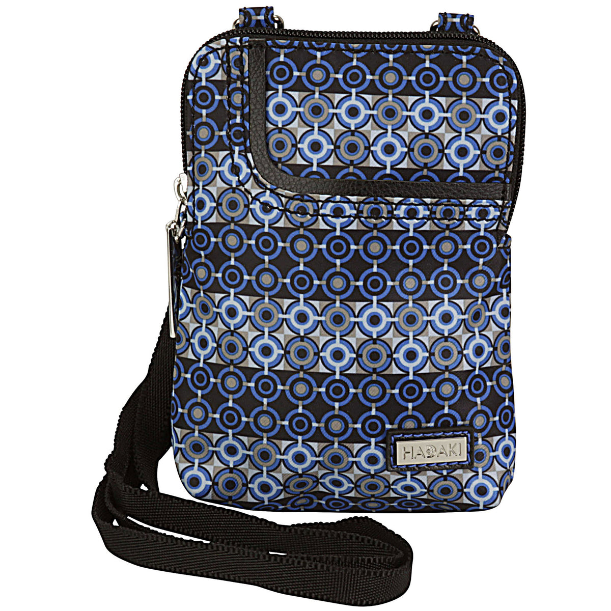 The Hadaki HADAKI MOBILE CROSSBODY GRID is a small, patterned blue and black crossbody bag with a zipper closure and an adjustable black strap, perfect for those who prefer to travel light.