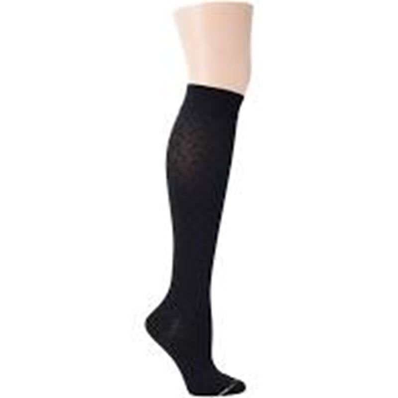 A DR. MOTION MF COMPRESSION SOCK BASKETWEAVE NAVY, gently offering mild compression, displayed on a mannequin leg.