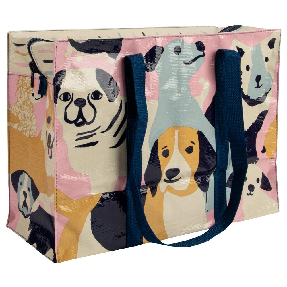 The Blue Q tote is a reusable tote bag decorated with a colorful pattern of various dog illustrations and blue handles, making it the perfect Blue Q BLUE Q SHOULDER TOTE HAPPY DOGS for all your needs.