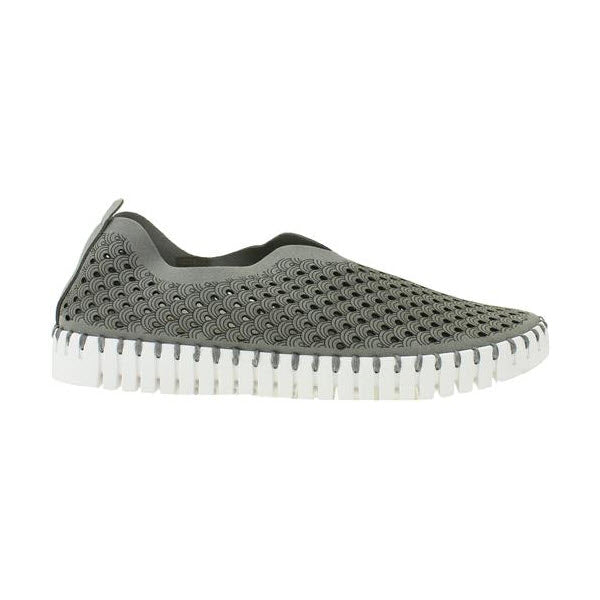 A single Ilse Jacobsen Tulip 139 Grey slip-on shoe for women features a wave-like perforated upper pattern and a white ridged sole.