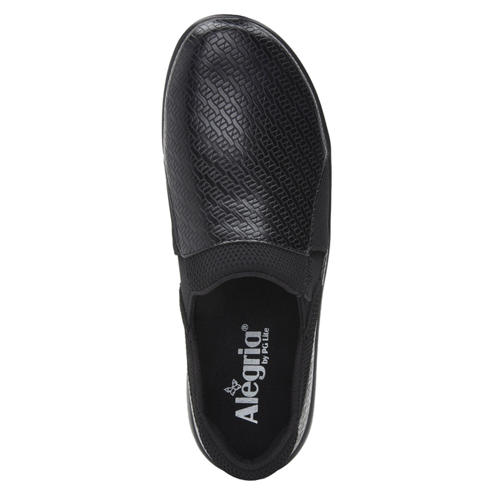 ALEGRIA DUETTE BLACK WOVEN - WOMENS with a geometric textured pattern and slip-resistant outsole. Insole reads &quot;Alegria by PG Lite.