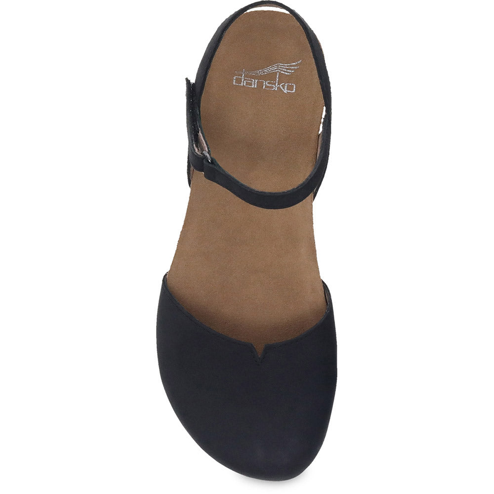 Top view of a single black Dansko DANSKO ROWAN BLACK NUBUCK - WOMENS sandal with a closed toe and an ankle strap—an ideal women&#39;s shoe for the summer.