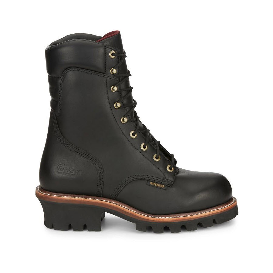 A pair of Chippewa CHIPPEWA STEEL TOE 9" WATERPROOF INSULATED LOGGER BLACK - MENS featuring black leather lace-up design, thick rubber sole, metal eyelets, and reinforced stitching. These boots boast insulated steel toes for added protection and comfort.
