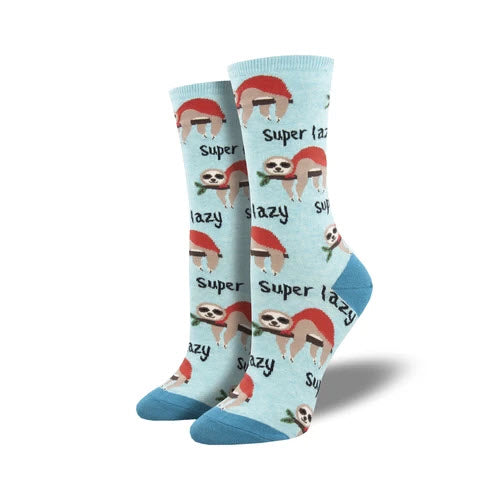 Light blue cotton socks featuring a pattern of sloths wearing red hats with the text &quot;Super Lazy.&quot; These Socksmith SOCKSMITH BEE MY HONEY SOCK ORANGE socks have blue heels and toes and are perfect for women&#39;s shoe size ranges.