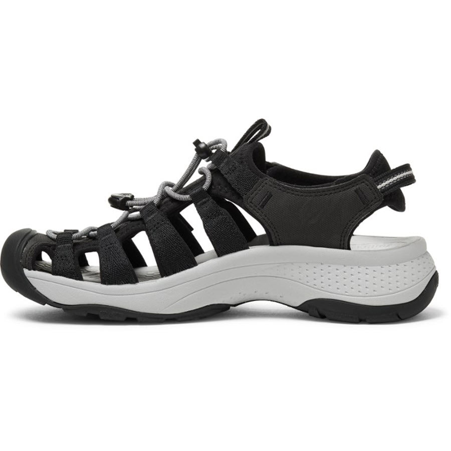 The KEEN ASTORIA WEST BLACK - WOMENS by Keen is a black and gray hybrid adventure sandal featuring adjustable straps, a women’s-specific fit, and a thick sole designed for outdoor activities. Enjoy its slip-resistant grip on any terrain.