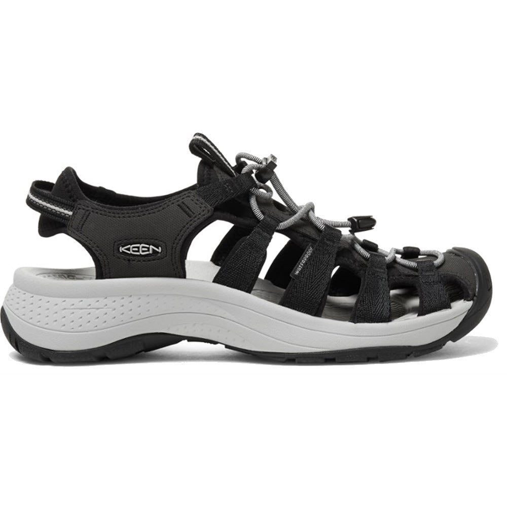 A close-up side view of the KEEN ASTORIA WEST BLACK - WOMENS, a black and grey Keen hybrid adventure sandal featuring a closed toe, adjustable straps, and slip-resistant grip.