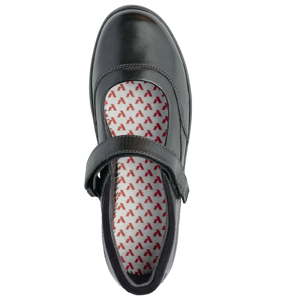 Top view of the ANODYNE CASUAL MARY JANE BLACK - WOMENS shoe, featuring a single black Mary Jane with a Velcro strap and an insole patterned with red &quot;A&quot; letters, designed by Anodyne for comfort and orthotic-friendly wear.