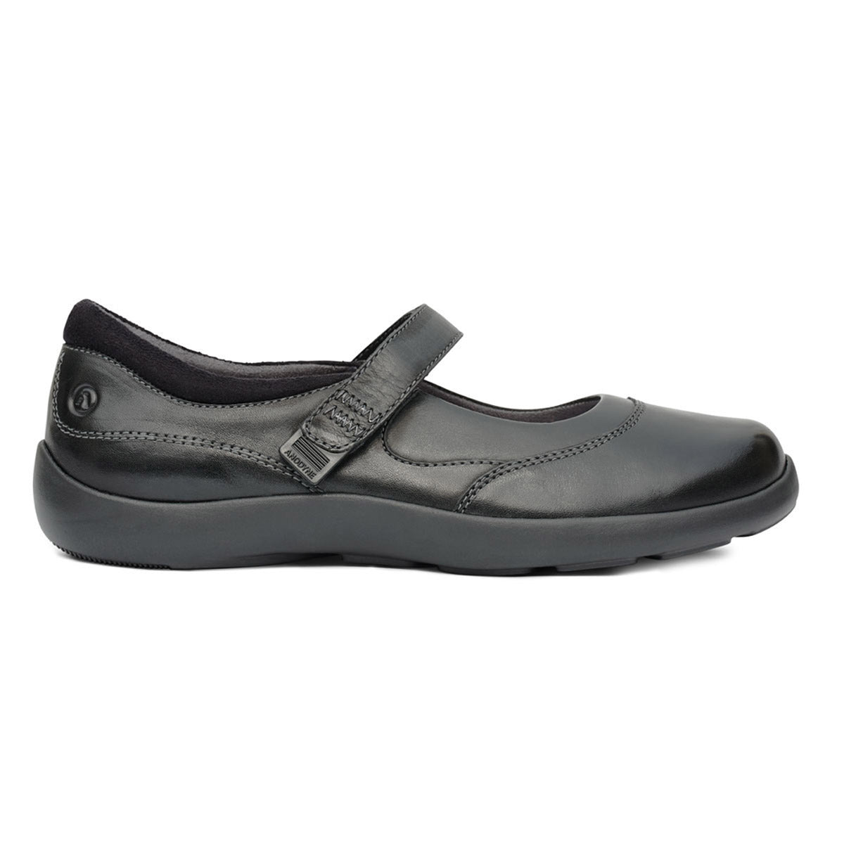 Side view of the Anodyne Casual Mary Jane Black - Women&#39;s shoe, featuring a flat sole and an adjustable strap across the top, designed to be orthotic-friendly for added comfort.