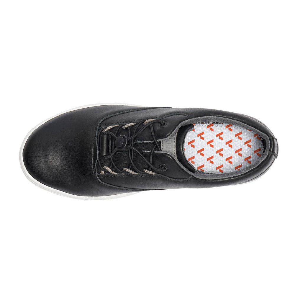 Top view of the ANODYNE CASUAL SNEAKER BLACK - WOMENS by Anodyne, showcasing its black leather upper with gray laces, white sole, and an inner lining featuring a pattern of red arrows. The Nappa leather upper enhances the contemporary design of this supportive sneaker.