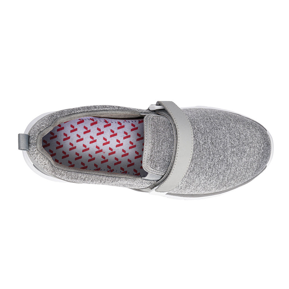 Top view of the ANODYNE SPORT TRAINER GREY - WOMENS by Anodyne, showcasing its fabric upper and a strap across the top. The inner lining is decorated with a pattern of small red arrows, adding to its charm. Featuring Anodyne&#39;s unique dual insole system, this shoe is specifically designed for added comfort and support, especially for those with diabetic foot complications.