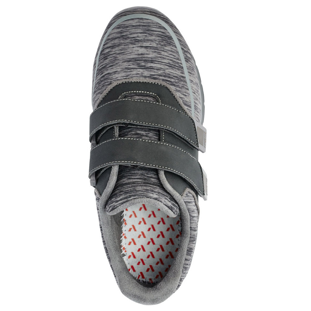 Top view of the ANODYNE SPORT JOGGER DOUBLE DEPTH BLACK/GREY – WOMENS, showcasing its gray athletic design with a fabric texture, two hook-and-loop straps, and a patterned insole, featuring additional depth for comfort.