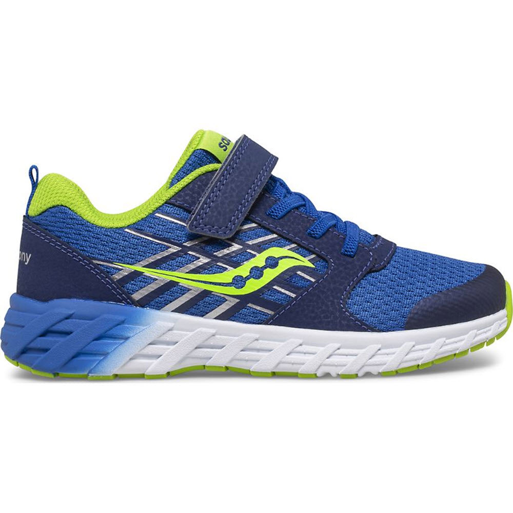 The SAUCONY WIND A/C 2.0 BLUE/GREEN - KIDS, by Saucony, is a blue and green athletic shoe with a white sole that features both a Velcro strap and laces. It&#39;s designed for comfort, durability, and support.