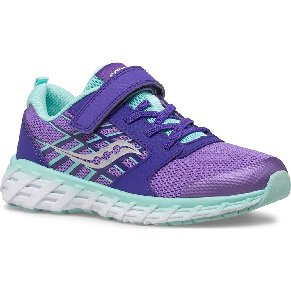 The SAUCONY WIND A/C 2.0 PURPLE/TURQUOIS - KIDS athletic shoe by Saucony features a purple and teal design with a Velcro strap and lace-up system, complemented by a white cushioned sole and a leather mesh upper for enhanced breathability.