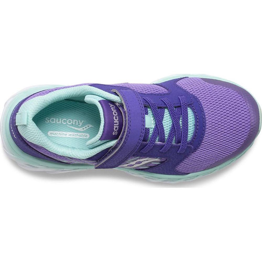 Top view of the Saucony Wind A/C 2.0 Purple/Turquoise kids&#39; sneaker, featuring a single velcro strap and mesh detailing that showcase the Saucony logo inside. This durable sneaker is designed with a leather mesh upper for added breathability and resilience.