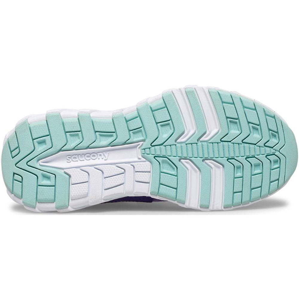 The image showcases the sole of a SAUCONY WIND A/C 2.0 PURPLE/TURQUOIS - KIDS shoe by Saucony. The treaded pattern, featuring green and white sections, is engineered for superior grip and traction, making these durable kids&#39; sneakers a perfect blend of functionality and style.