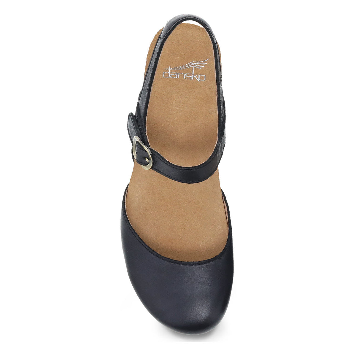 Top-down view of the DANSKO TIFFANI BLACK - WOMENS, a black, closed-toe slingback shoe with a buckle strap and burnished leather uppers.