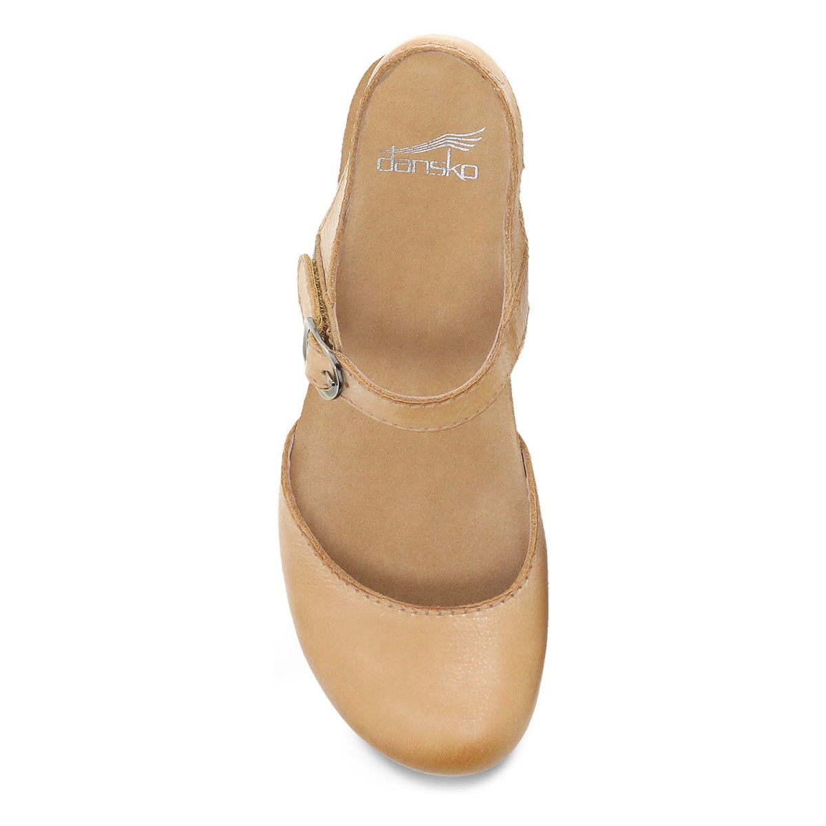 Top view of a DANSKO TIFFANI TAN - WOMENS from Dansko featuring a round toe, burnished leather uppers, and an adjustable strap with a metal buckle.