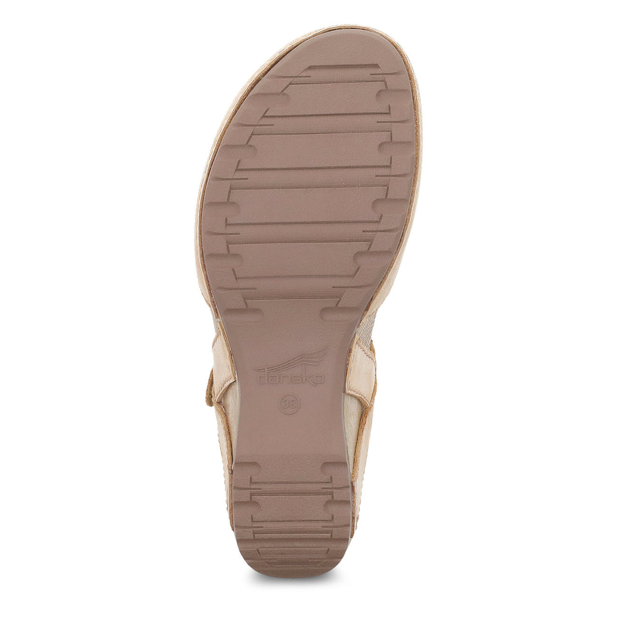 The image shows the sole of a beige shoe with a textured pattern for traction, featuring a small logo and size marking. The Dansko Tiffani Tan - Womens shoe also boasts burnished leather uppers and a contoured footbed for added comfort.