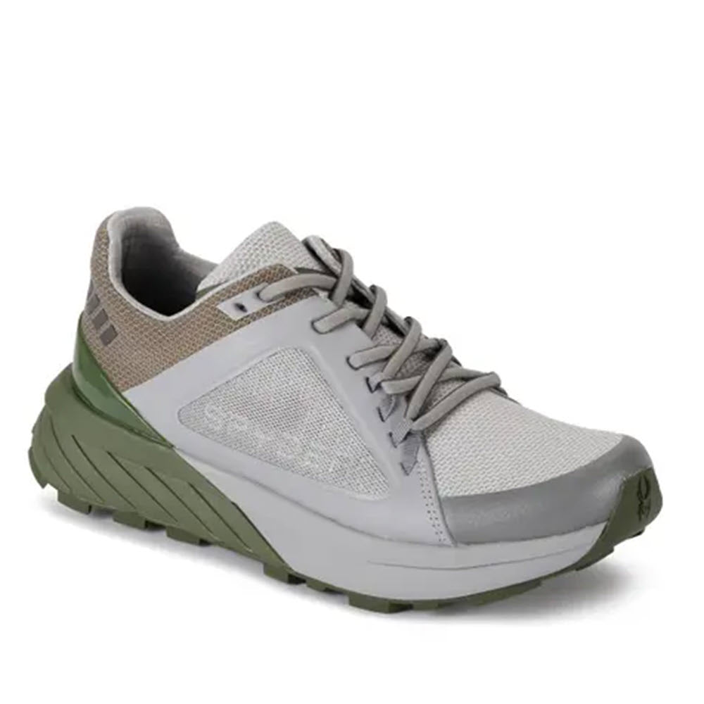 The SPYDER INDY GREY - MENS by Spyder is a solo hiking shoe combining grey and green accents, featuring a thick, rugged sole for outdoor adventures. It boasts a breathable mesh upper to ensure airflow, grippy treads for enhanced traction, and sturdy laces for a secure fit.