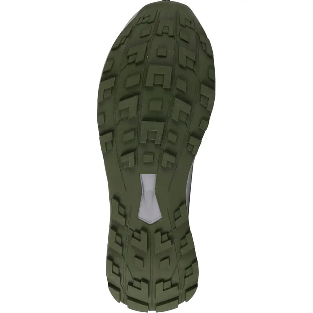 A grey rubber shoe sole from Spyder&#39;s SPYDER INDY GREY - MENS line, designed with grippy treads and a rugged, grooved pattern for enhanced traction.