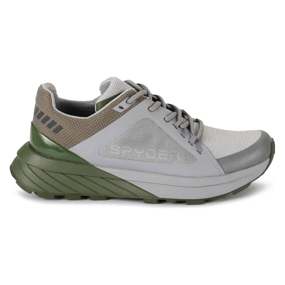 The SPYDER INDY GREY - MENS sneaker by Spyder is a lightweight athletic shoe that features a breathable mesh upper in gray and green, complemented by a lace-up closure and a thick, rugged sole with grippy treads.