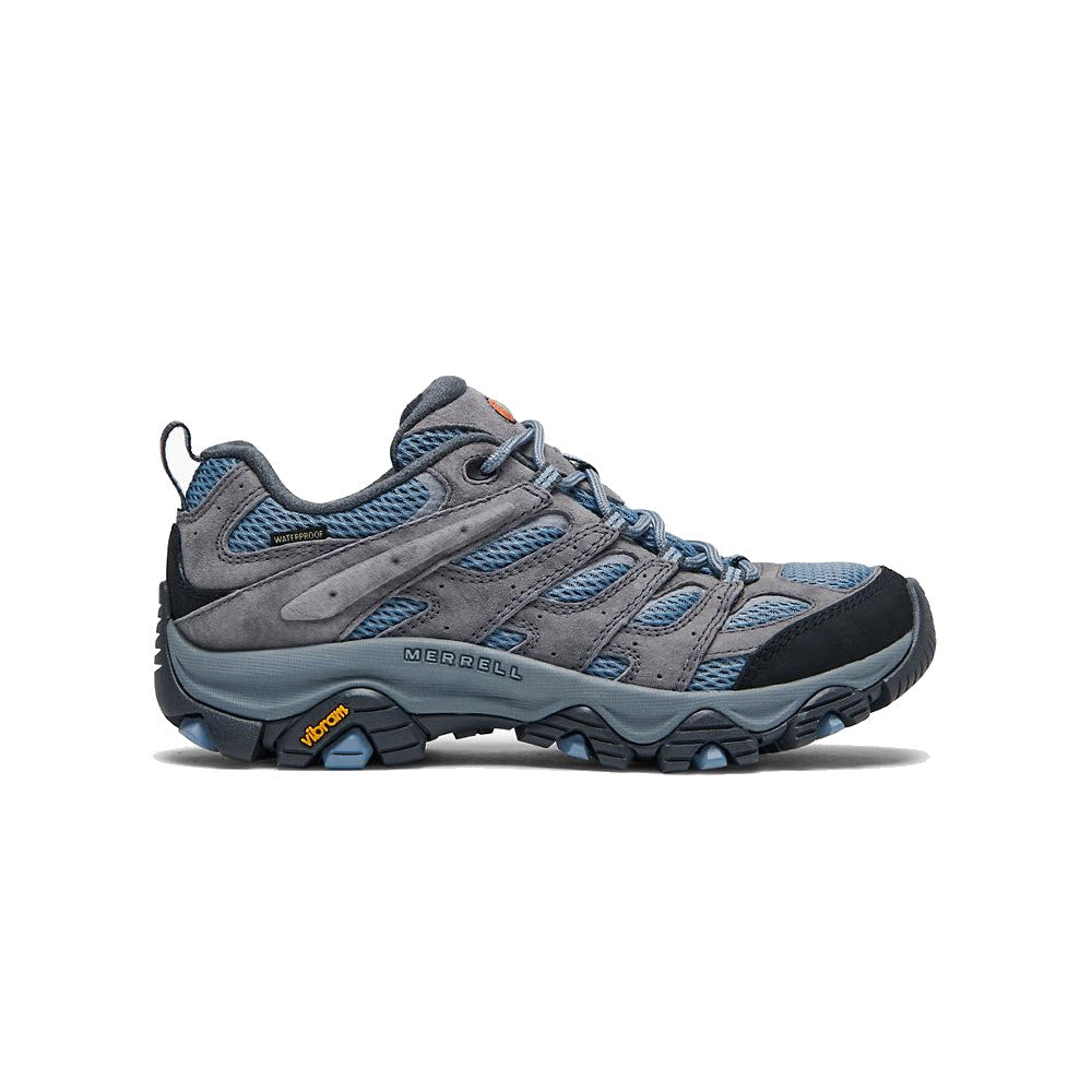 A gray and blue hiking shoe with rugged durability, featuring detailed stitching and a Vibram logo on the heel. The MERRELL MOAB 3 WATERPROOF ALTITUDE - WOMENS shoe also displays the "Merrell" brand name on the side, perfect for all-terrain outdoor adventures.