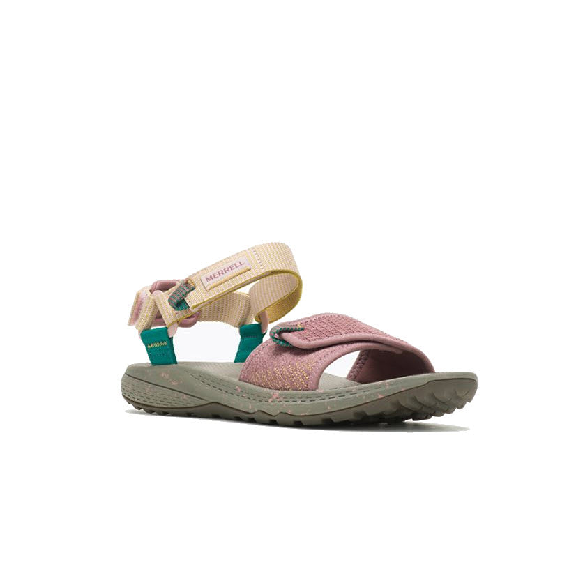 Introducing the Merrell Bravada Backstrap Burlwood - Womens, a stylish pink and beige Merrell sandal featuring an adjustable strap, green accents, a breathable design, and a textured, grooved QuantumGrip outsole.