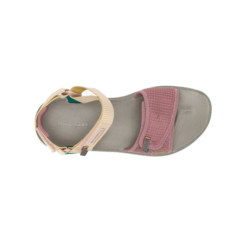 Top view of the Merrell Bravada Backstrap Burlwood women&#39;s sandal, showcasing a pink strap over the toes, a beige adjustable strap around the ankle, and a grey QuantumGrip outsole.