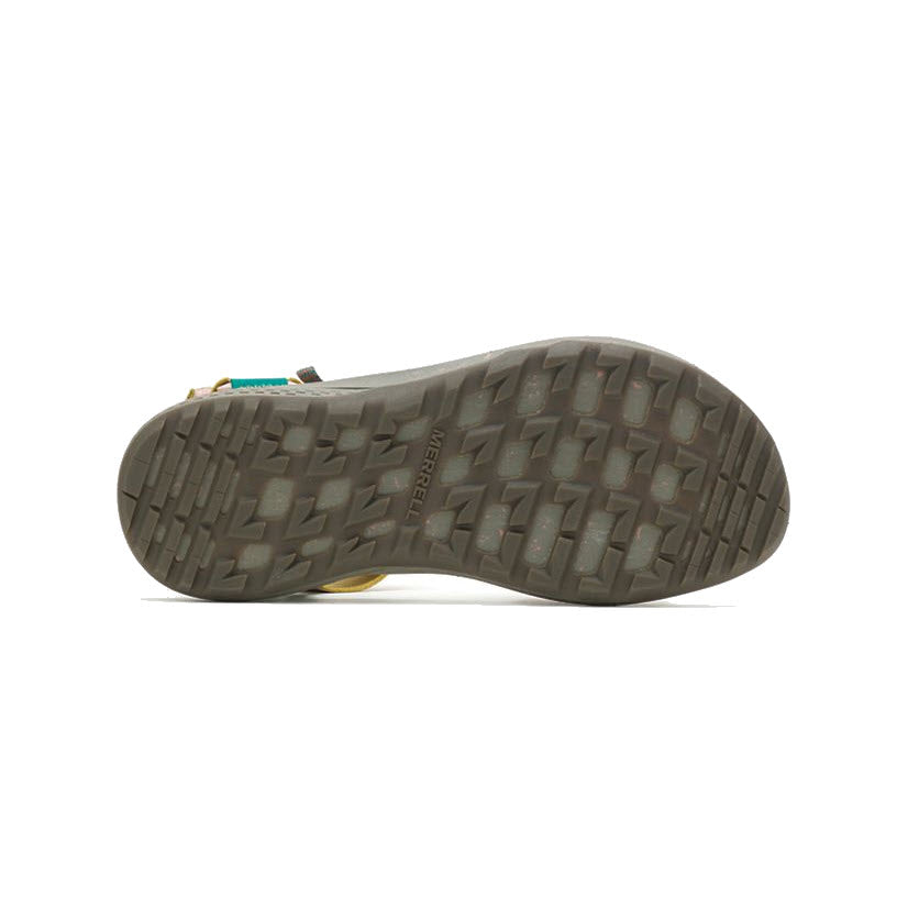 Bottom view of the MERRELL BRAVADA BACKSTRAP BURLWOOD - WOMENS shoe sole, showing a textured tread pattern. The brand name &quot;Merrell&quot; is visible in the center of the QuantumGrip outsole.