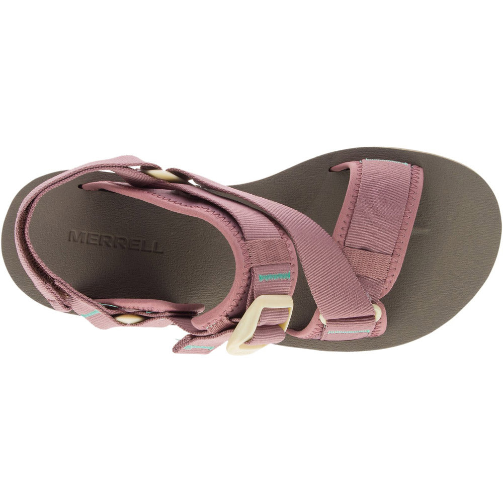 The MERRELL ALPINE STRAP BURLWOOD - WOMENS is a single brown sandal featuring light pink adjustable straps, a padded footbed, and an EVA foam insole. It showcases the Merrell brand name on the footbed for added flair.