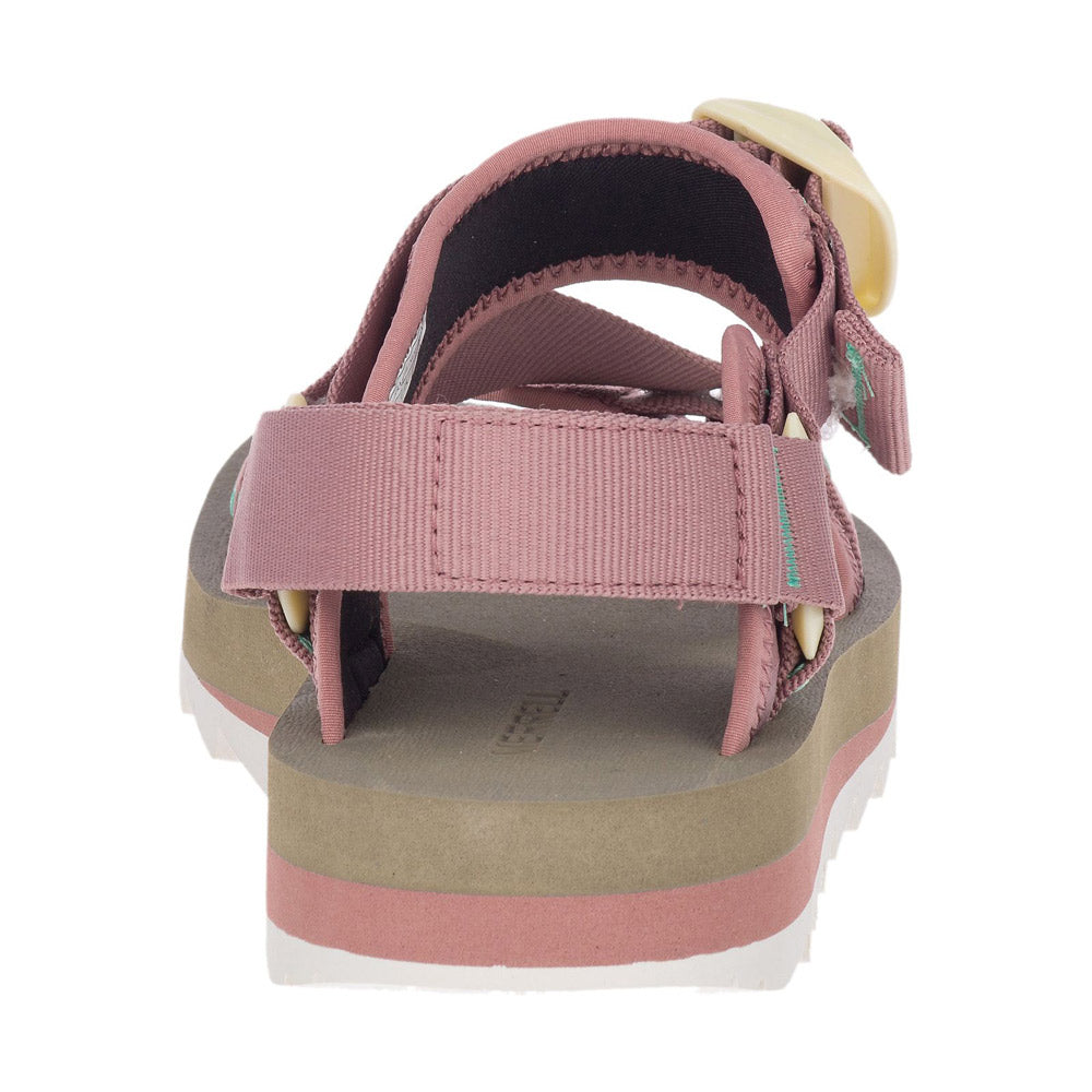 Close-up rear view of a Merrell Alpine Strap Burlwood sandal featuring recycled webbing with adjustable straps, beige and pink accents, and a cushioned white sole with an EVA foam insole.