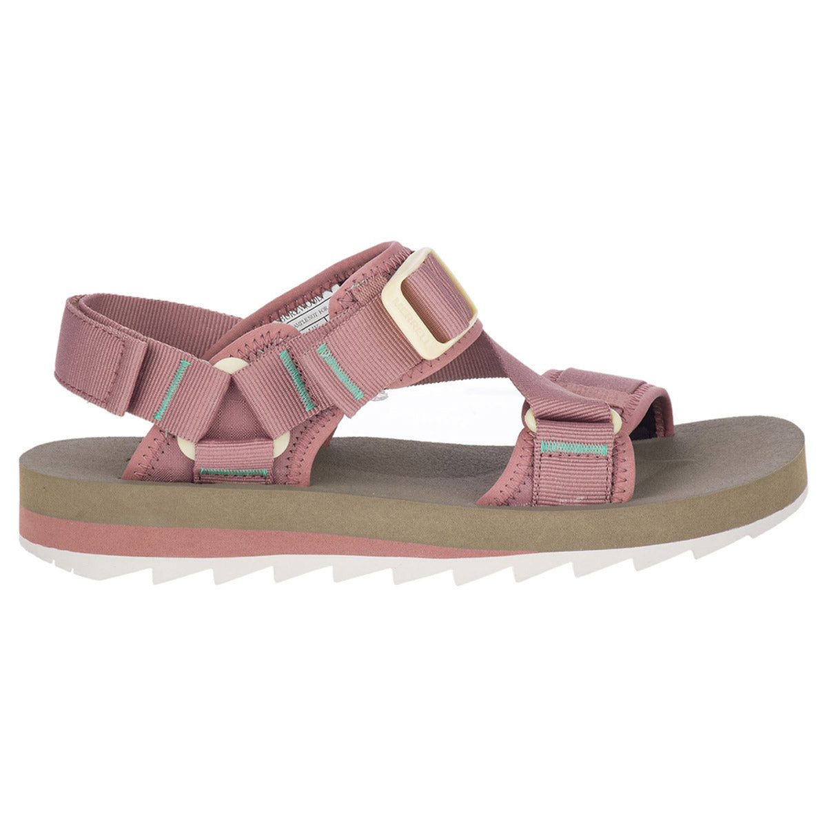 The MERRELL ALPINE STRAP BURLWOOD - WOMENS from Merrell, a pink athletic sandal made with recycled webbing and featuring adjustable straps and a beige-and-white sole, is shown in a side profile view.