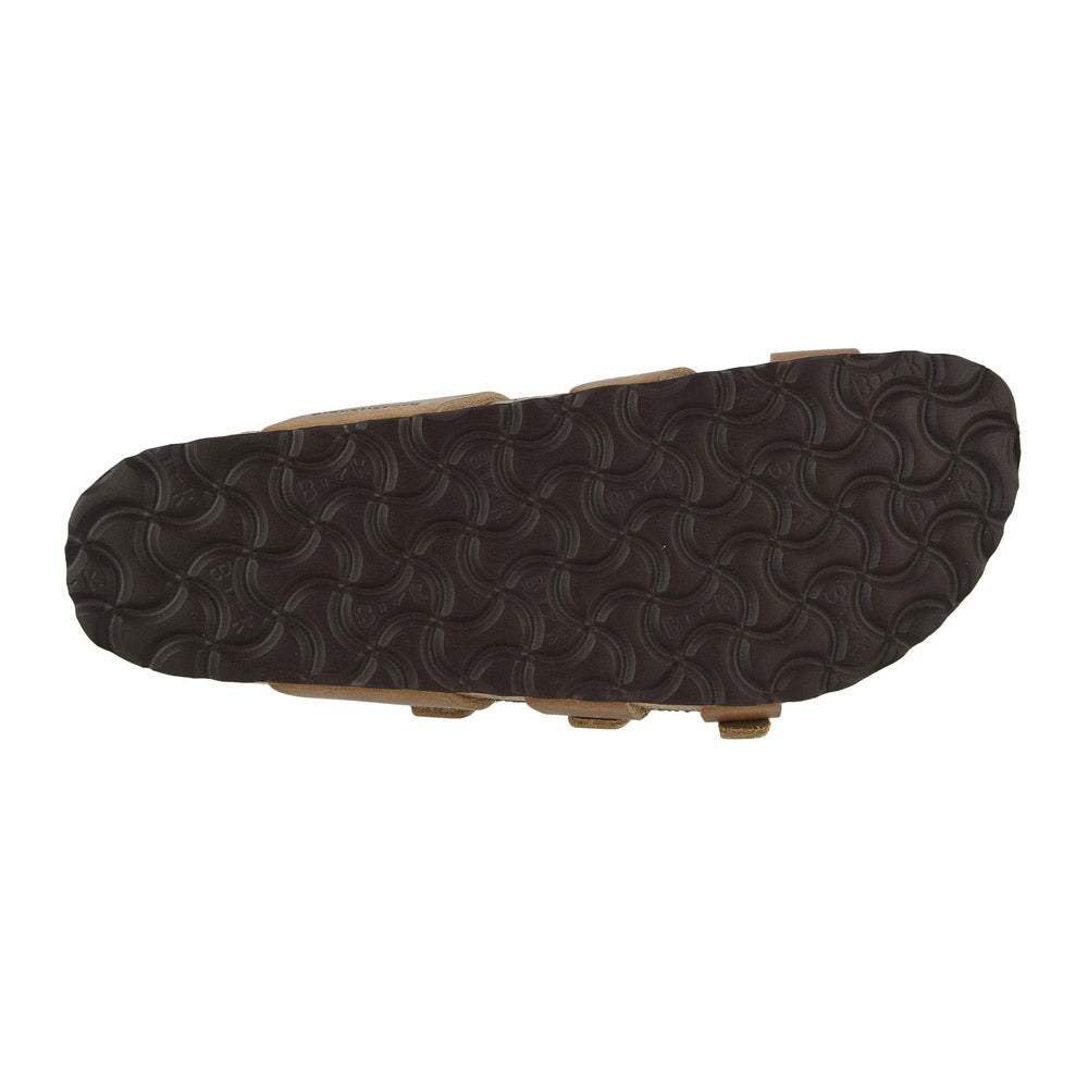 The image showcases the treaded sole of a BIRKENSTOCK FRANCA TOBACCO - WOMENS sandal. The interlocking wave pattern on the sole complements the oiled leather upper, exuding a rustic charm. Additionally, the anatomically shaped footbed from Birkenstock guarantees ultimate comfort with every step.