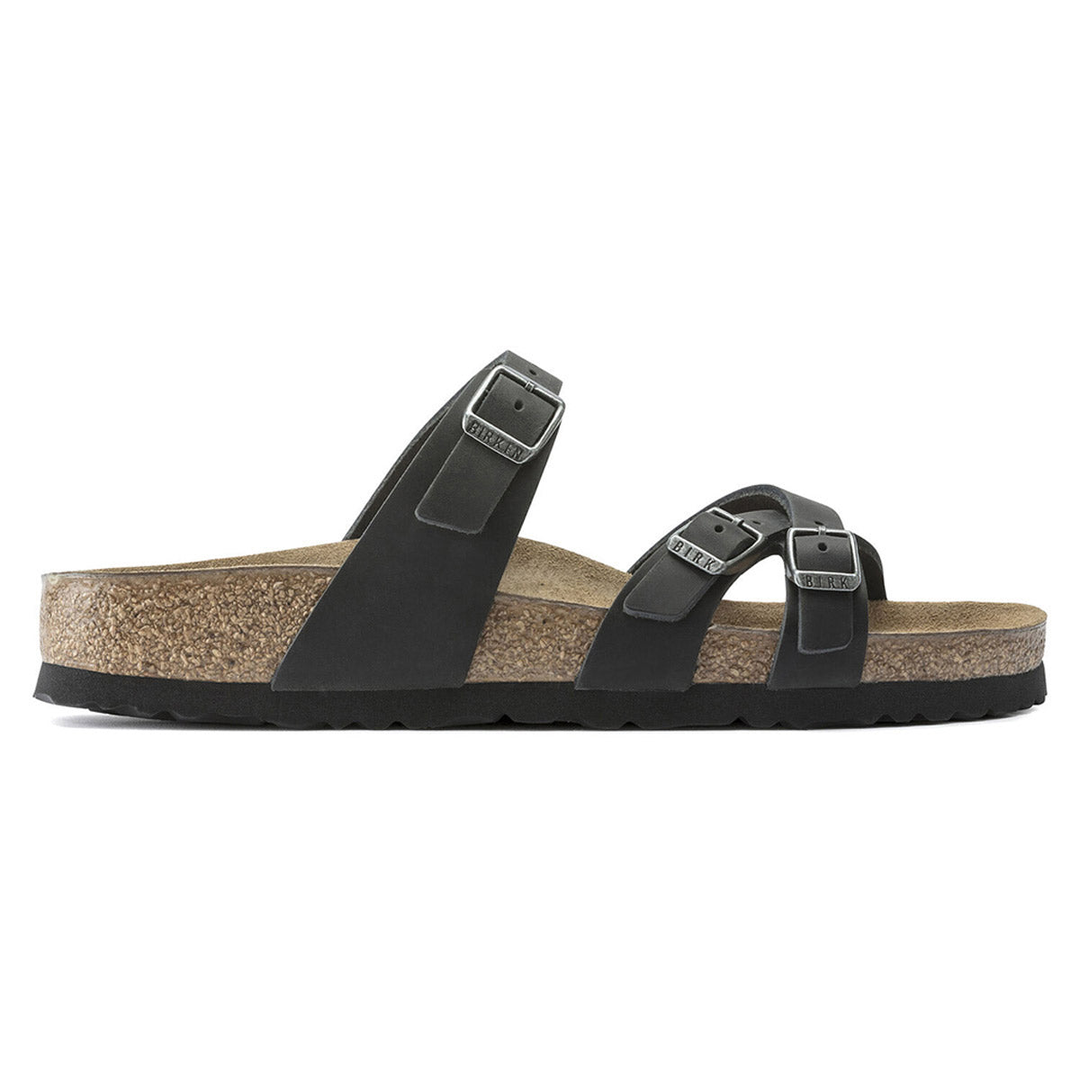 The BIRKENSTOCK FRANCA BLACK - WOMENS is a black sandal designed with a cork-latex footbed and rubber sole, featuring two adjustable straps and buckles on the upper part. Inspired by the classic Birkenstock Franca design, it boasts durable oiled leather for added style and comfort.