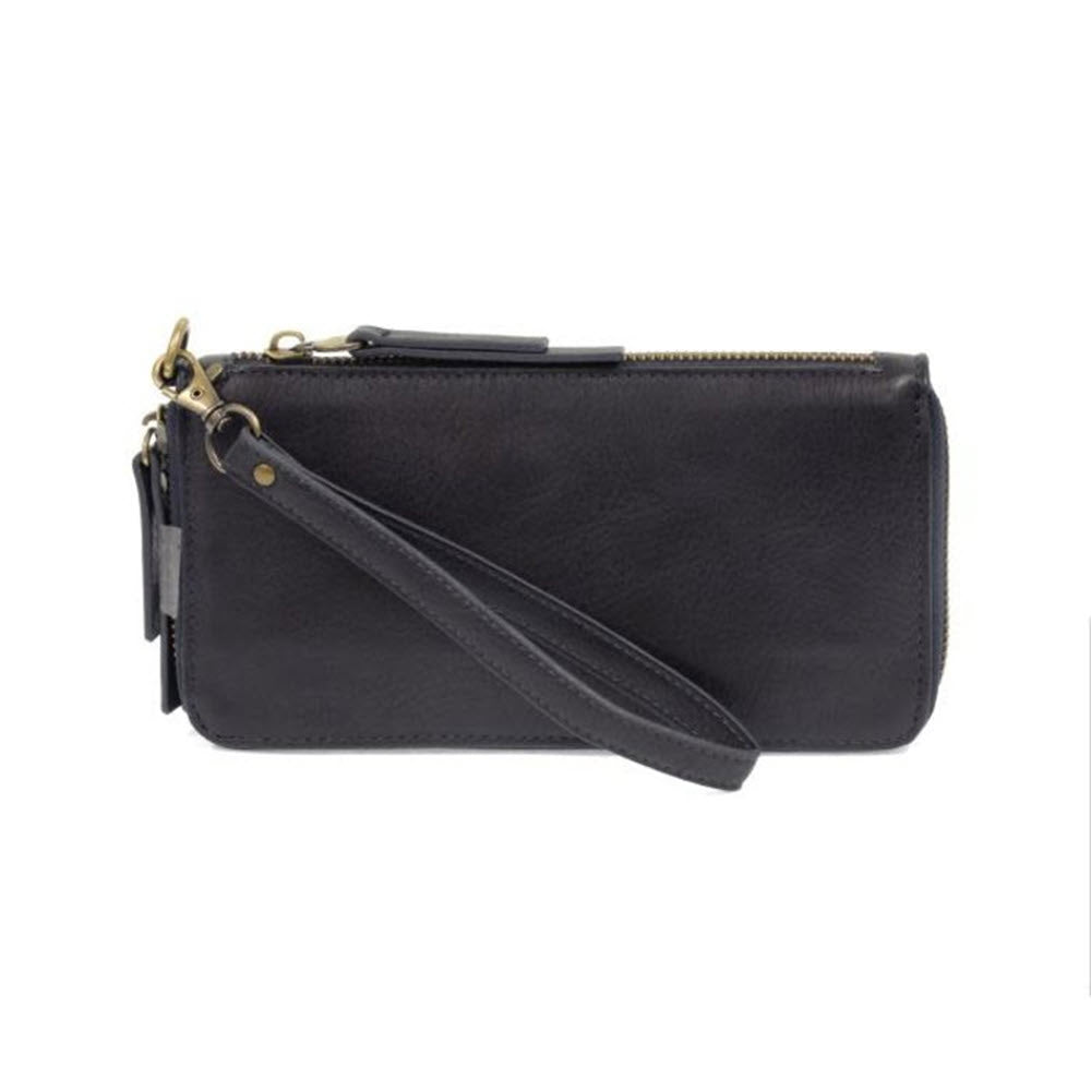 A black vegan leather JOY SUSAN CHLOE WALLET BLACK with a gold zipper, credit card pockets, and brass hardware from Joy Susan, featuring a detachable wrist strap.