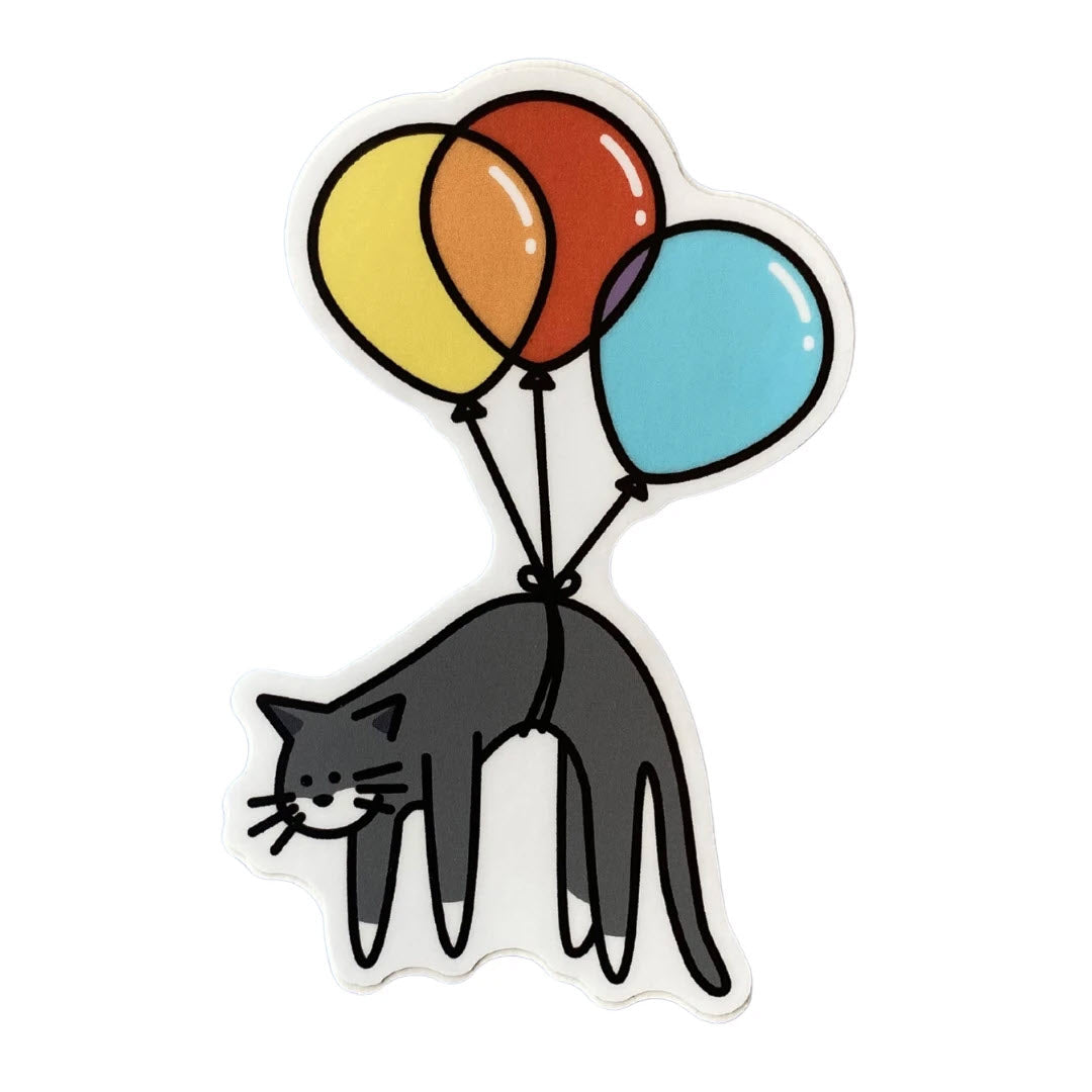 Cartoon image of a black cat being lifted by four colorful balloons in the USA, from Stickers Northwest&#39;s STICKERS NORTHWEST CAT WITH BALLOONS.