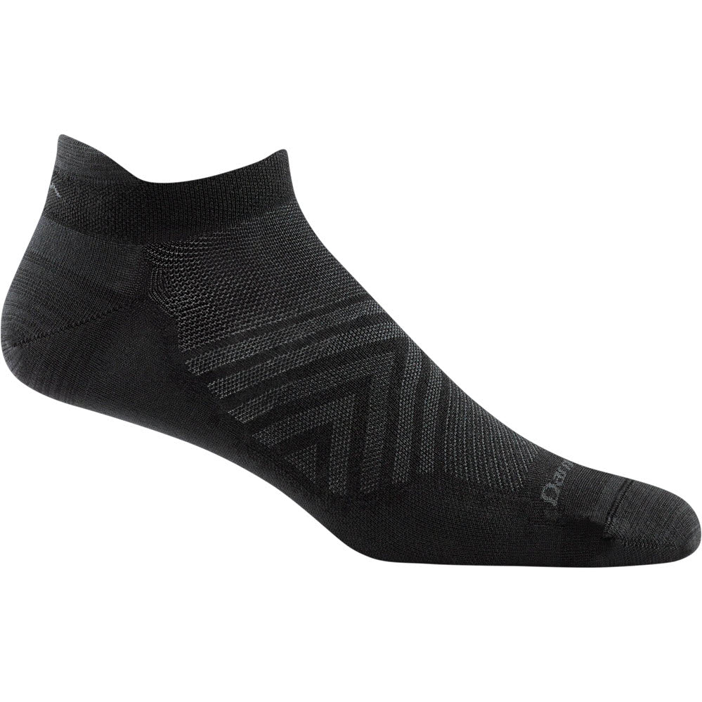 The Darn Tough Run No Show Tab Ultra Lightweight Black men&#39;s running sock from Darn Tough showcases varying textures and patterns for enhanced grip and comfort. It features reinforced stitching around the ankle and toe for added durability. With high-performance foot zones and ultra-lightweight Merino Wool, the sock offers superior performance.