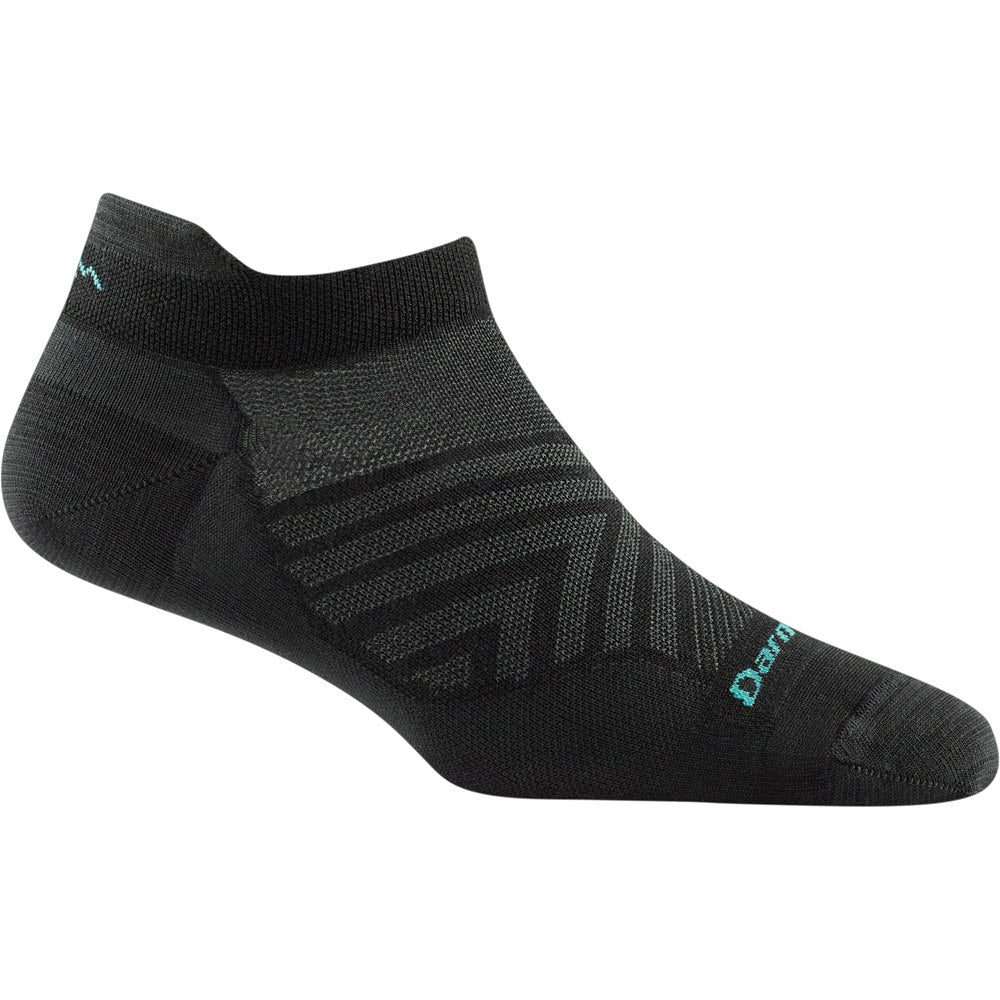 A single black and grey ultra-lightweight no show tab sock with a zigzag pattern and the brand name &quot;Darn Tough&quot; embroidered near the toe, known as the DARN TOUGH NO SHOW TAB ULTRA LIGHTWEIGHT CUSHION SOCK.