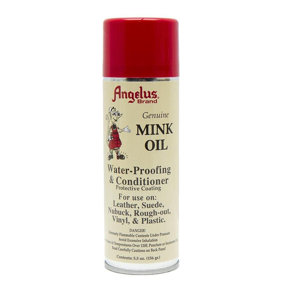 A can of F.L. Inc&#39;s ANGELUS MINK OIL SPRAY with a red cap, designed for water-proofing and conditioning leather, suede, nubuck, rough-out, vinyl, and plastic. This premium leather conditioner contains 5.5 oz (156 g) to rejuvenate your suede and more.