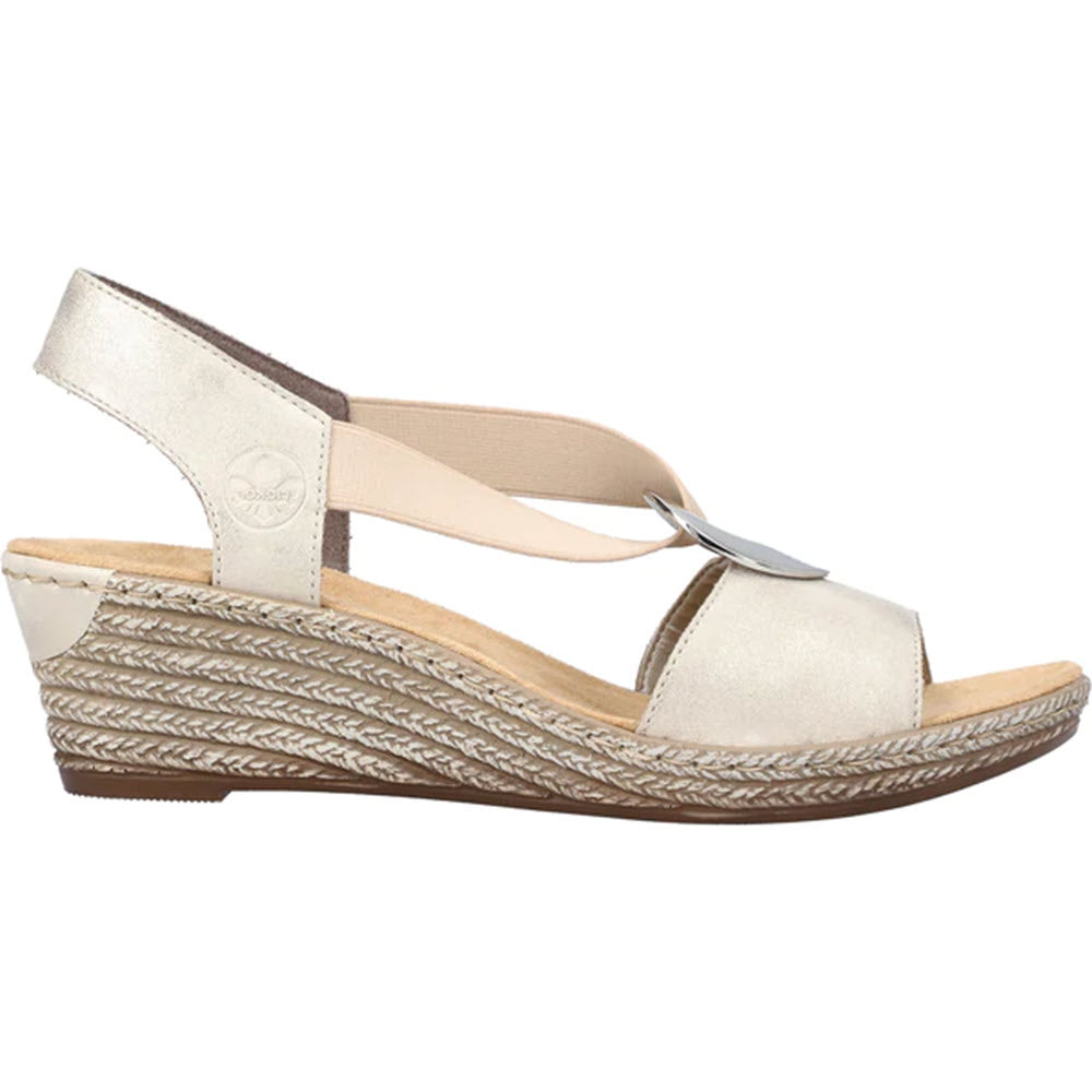 A beige Rieker Slingback Wedge with Ornament Champagne - Womens with a braided sole, an open toe, crisscross elastic straps, and a convenient backstrap.