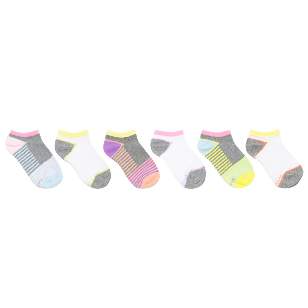 Six pairs of ankle socks in various colors and patterns, made from durable fabric and arranged in a horizontal line. Introducing the ROBEEZ NO SHOW SOCKS 6 PACK COLORBLOCK - KIDS by Robeez.