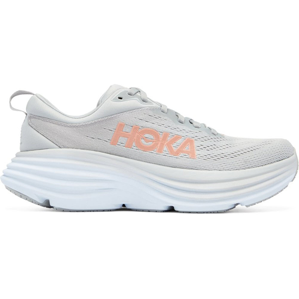 Side view of the HOKA ONE ONE BONDI 8 in Harbor Mist/Lunar Rock for women, featuring a pink logo on the side and an ultra-cushioned sole designed for optimal foot health.