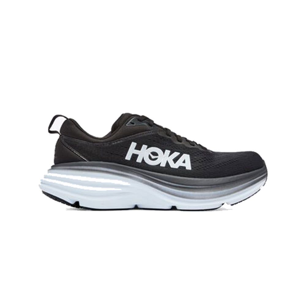 The HOKA ONE ONE Bondi 8 Black/White for women by Hoka features a black athletic design with a thick white sole and a prominent white &quot;HOKA&quot; logo on the side, offering ultra-cushioning and optimal foot health benefits.