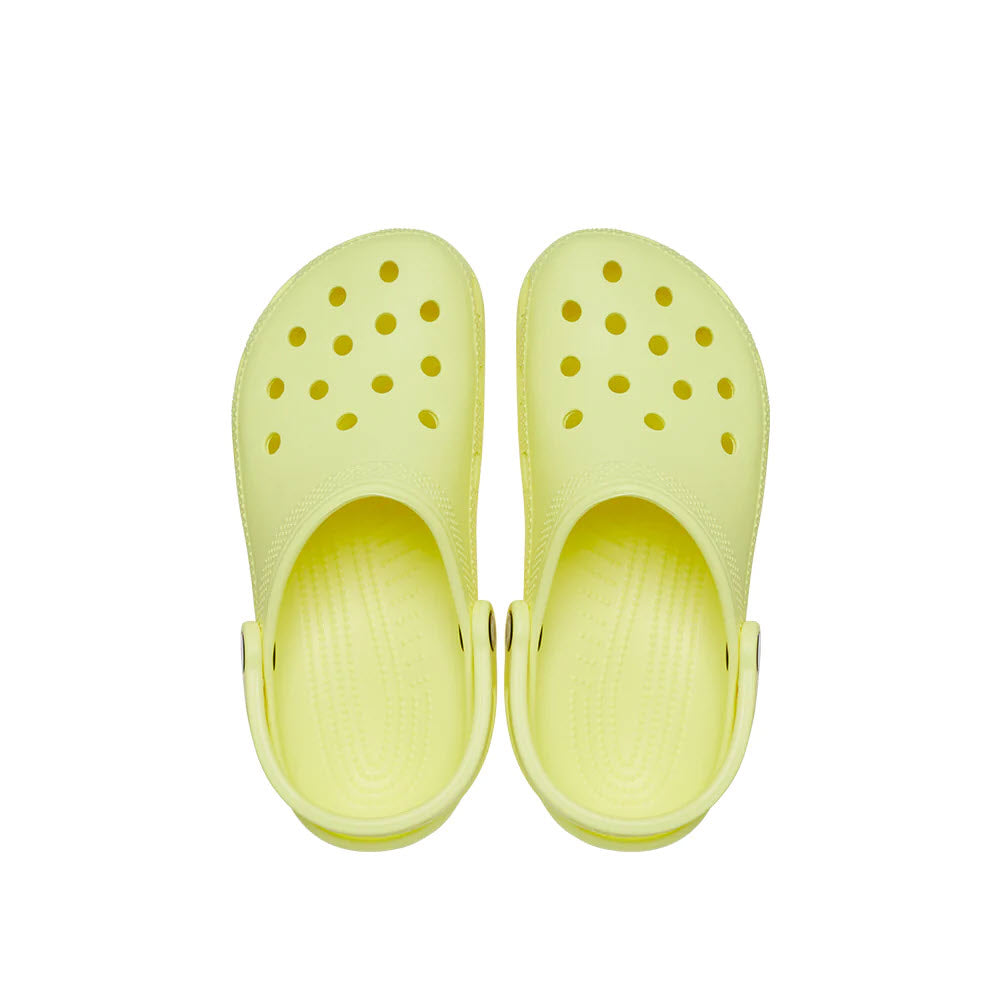 A pair of CROCS CLASSIC CLOG SULFUR for women in yellow with round ventilation holes, shown from above, showcasing the iconic Crocs comfort.