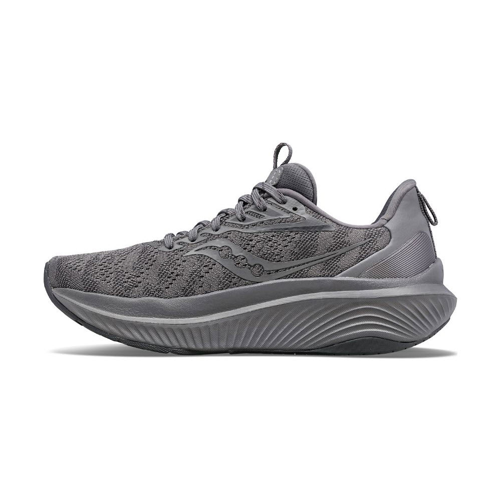 The SAUCONY ECHELON 9 ASPHALT - MENS is a gray athletic running shoe featuring a mesh upper, cushioned sole, and lace-up closure for a stable ride with maximum cushioning.