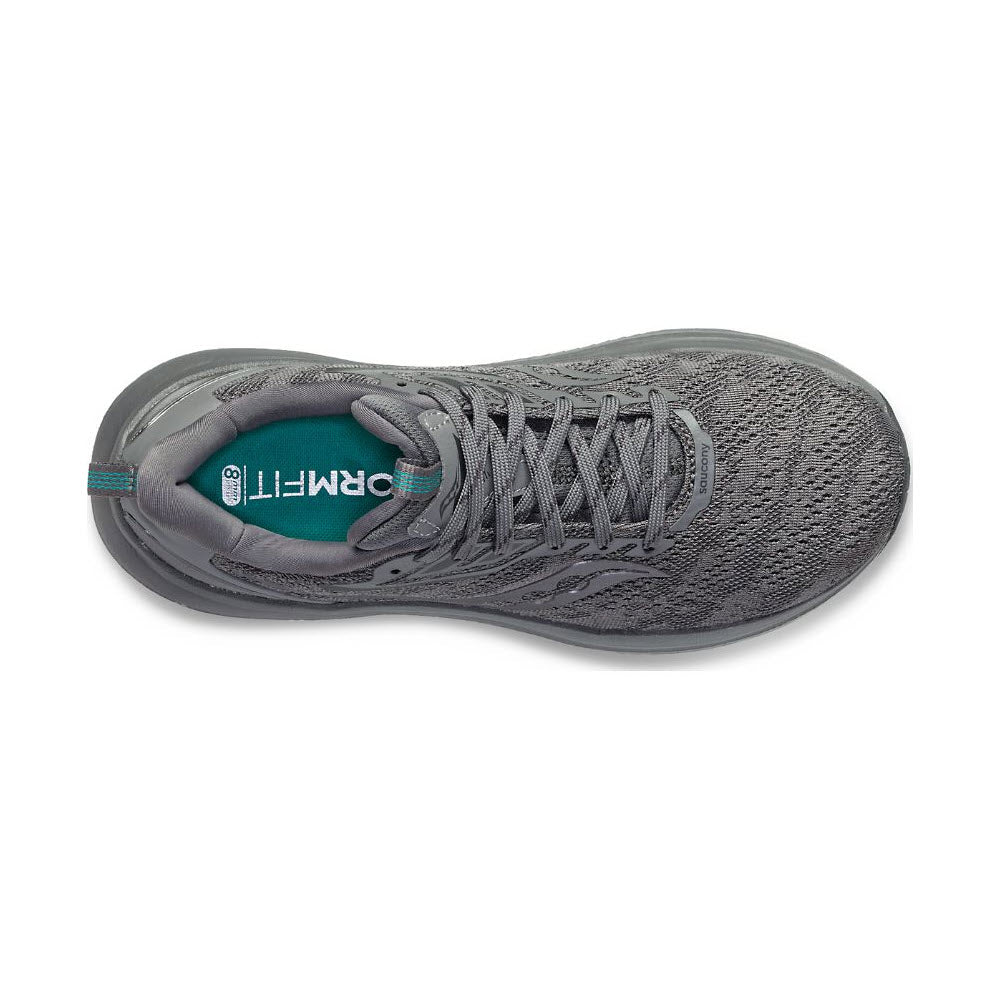 Top view of a gray athletic shoe with a knitted texture, teal accents, and the word &quot;Saucony&quot; visible on the insole, complemented by max cushioning for ultimate comfort. The product is the SAUCONY ECHELON 9 ASPHALT - MENS.